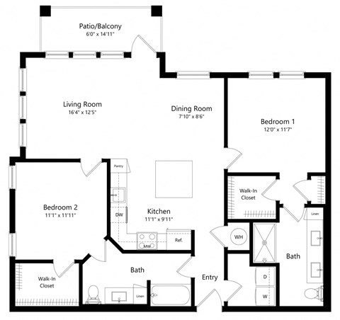 Floor plan for 2 beds, 2 baths, 1212 sqft